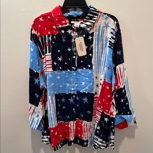 Allison Daley Woman Size 2X Flag Patchwork Button up Shirt, NWT